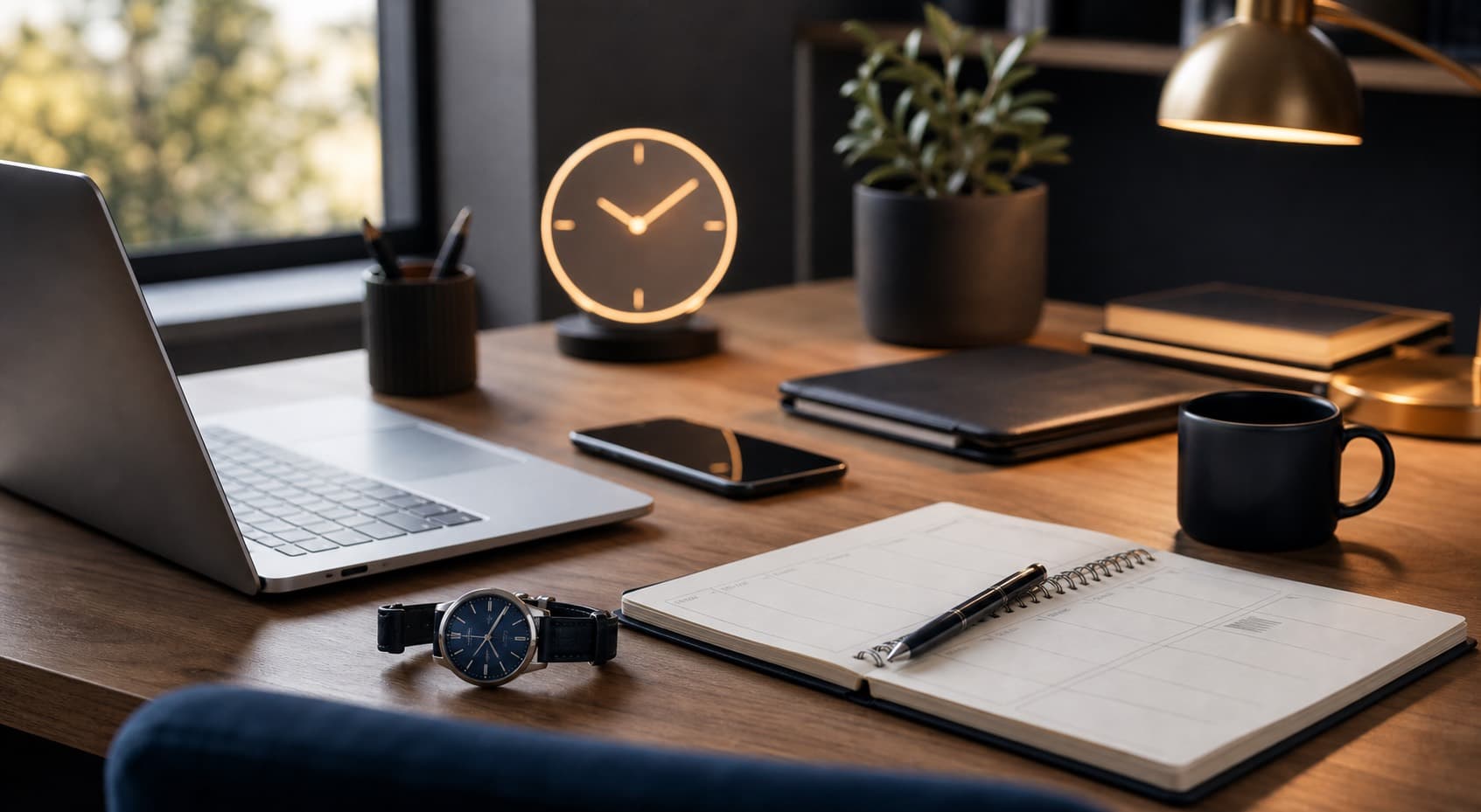 Bureau avec agenda et horloge pour illustrer des horaires flexibles
