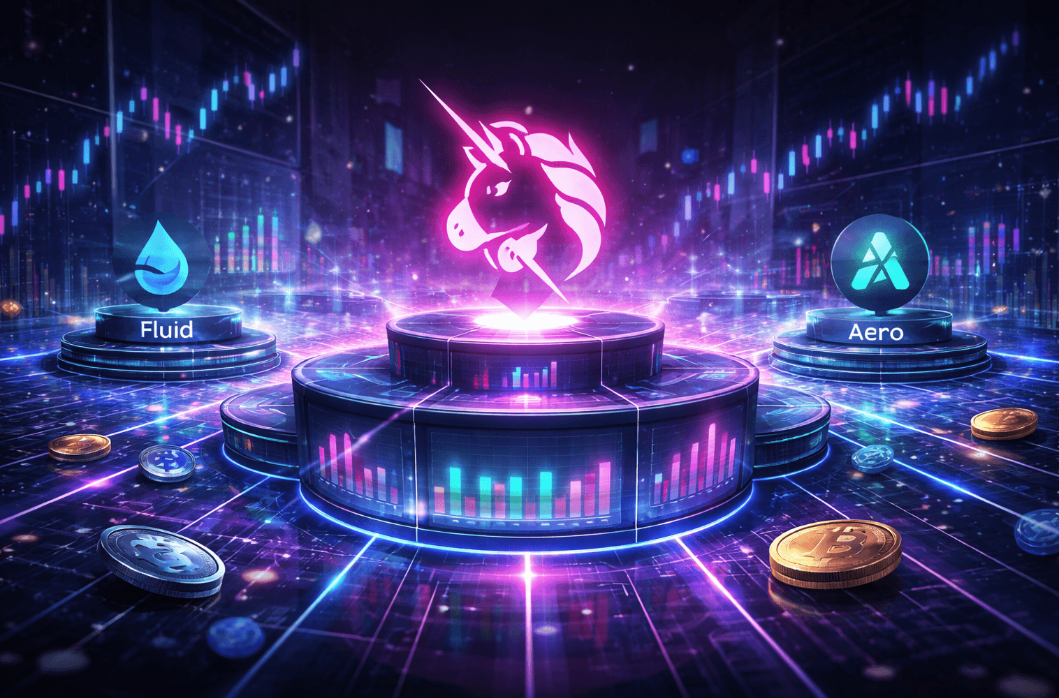 Illustration réaliste de la finance décentralisée montrant Uniswap au centre d’un écosystème d’échanges on-chain, entouré de plateformes concurrentes et de flux de liquidité sur la blockchain.