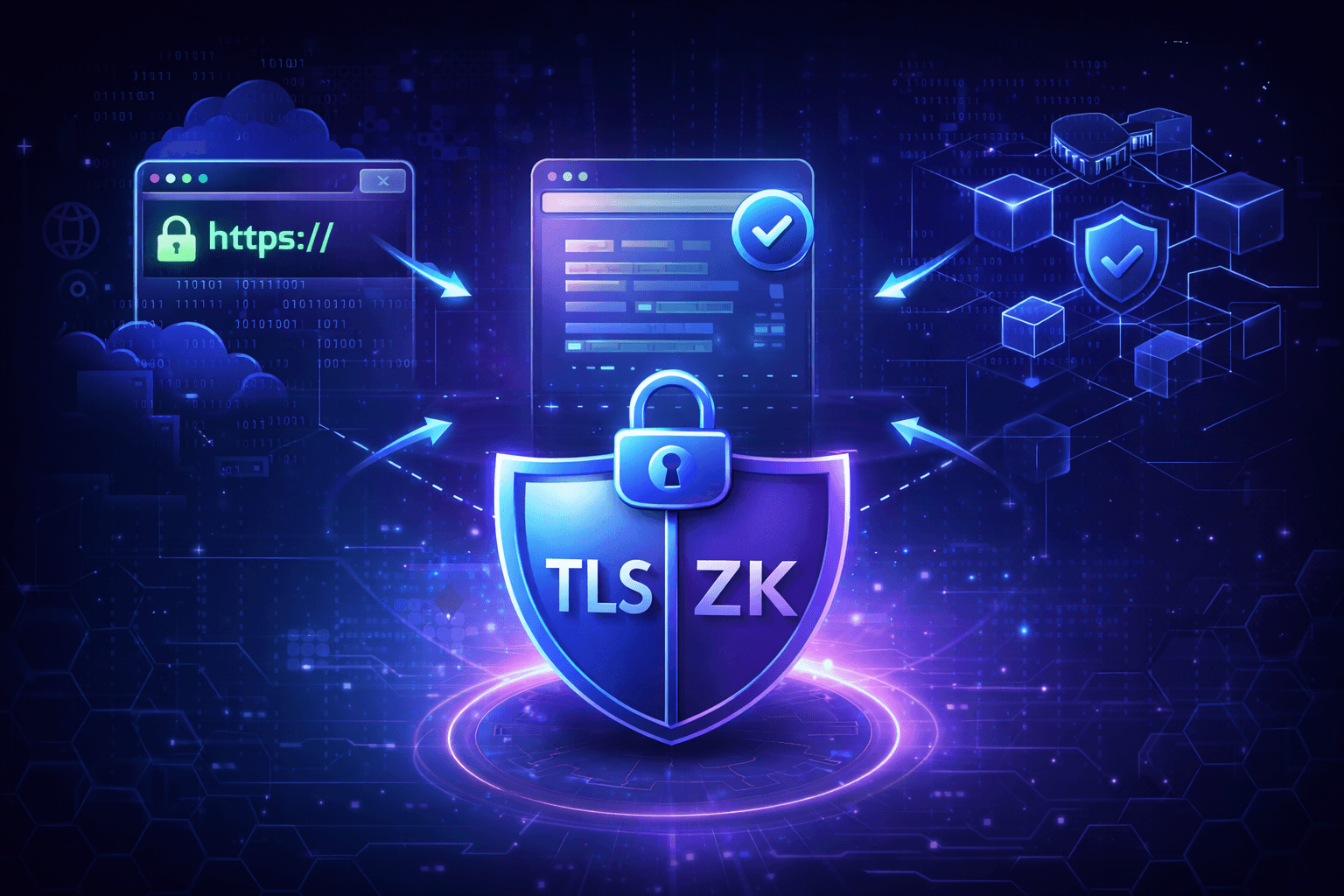 Schéma illustrant le passage d’HTTPS au zkTLS, où les données web deviennent prouvables grâce aux preuves Zero Knowledge, sans exposition d’informations sensibles.