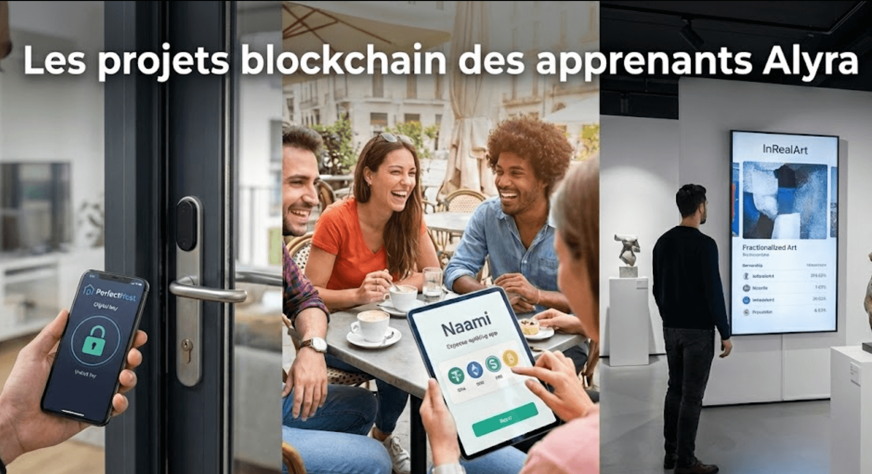 Montage en trois parties illustrant l'usage de la blockchain : une main déverrouillant une porte via un smartphone (immobilier), un groupe d'amis réglant une note sur tablette (finance), et une personne admirant une œuvre numérique en galerie (art). Titre central : Les projets blockchain des apprenants Alyra.