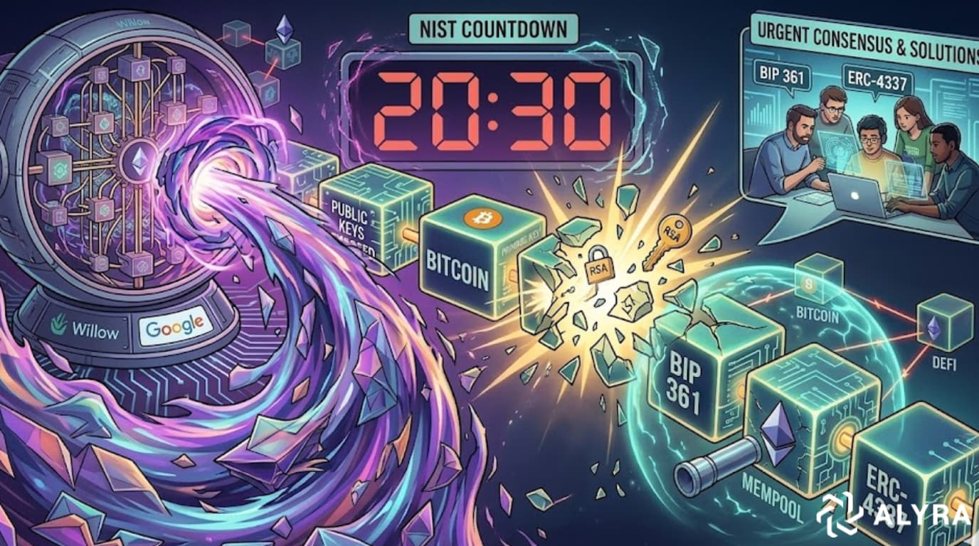 Illustration numérique conceptuelle montrant un imposant ordinateur quantique, représentant le processeur Willow de Google, qui projette un puissant rayon d'énergie pour attaquer et briser les blocs d'une blockchain. Les blocs endommagés portent les logos de Bitcoin et Ethereum, et leurs cadenas de sécurité volent en éclats, symbolisant la vulnérabilité du chiffrement actuel. En arrière-plan, un compte à rebours numérique affiche l'année 2030 en rouge pour marquer l'urgence de la menace. Dans le coin supérieur droit, une équipe de développeurs travaille de manière collaborative sur un ordinateur pour déployer des boucliers de sécurité et de nouvelles solutions cryptographiques post-quantiques.
