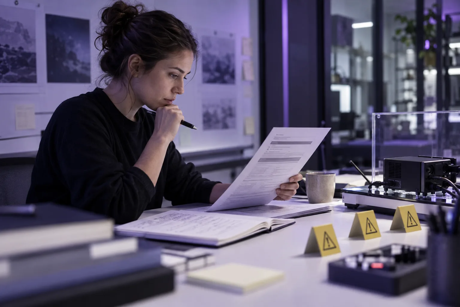 Illustration éditoriale d’une chercheuse testant méthodiquement la sécurité d’un système d’intelligence artificielle en environnement contrôlé.