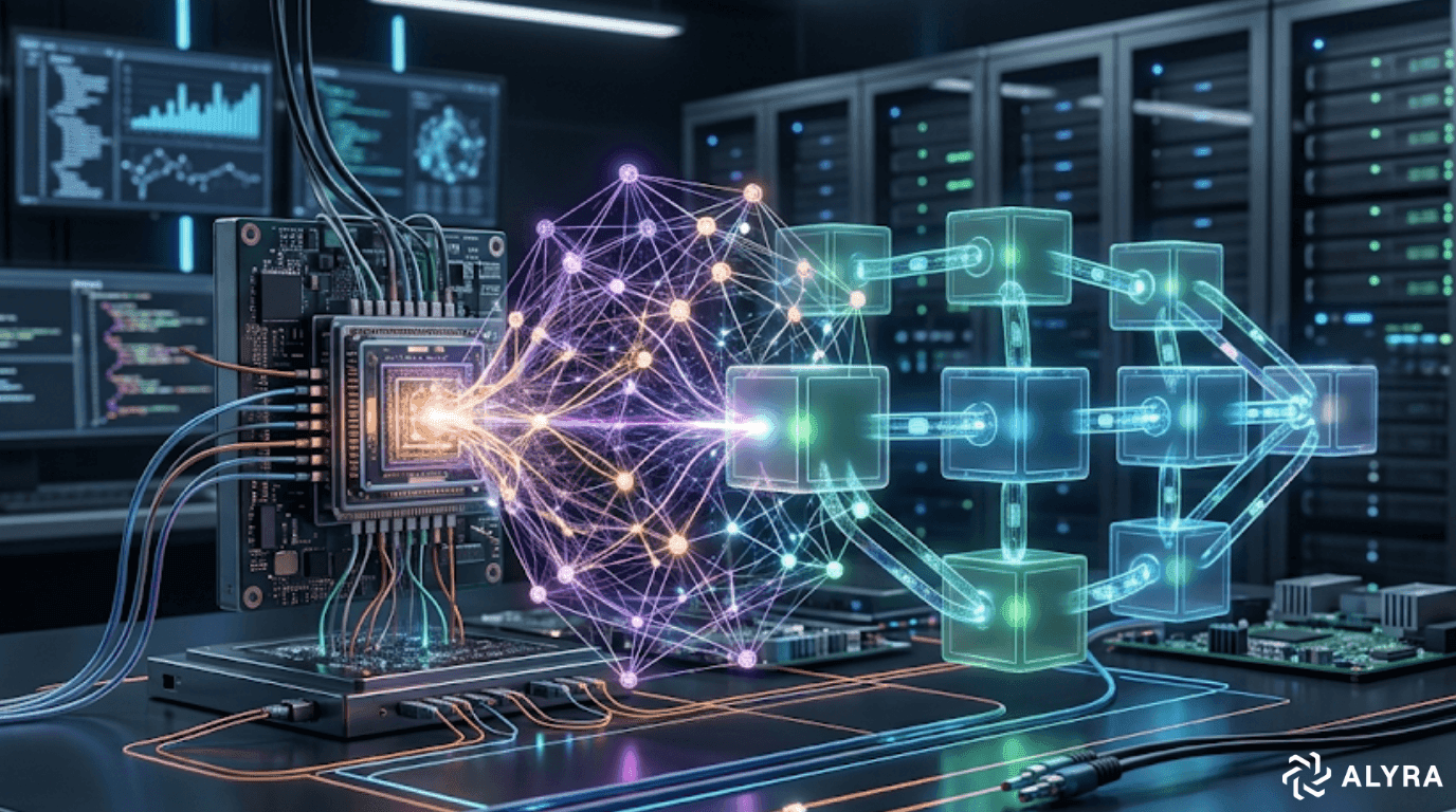 Une illustration conceptuelle réaliste d'une convergence technologique avancée. Au premier plan, un processeur d'ordinateur (UC) actif et lumineux est monté sur une carte de circuit imprimé. De nombreux câbles et fils s'étendent du processeur pour se connecter à une structure réseau flottante et complexe. Cette structure fusionne une sphère de maillage de neurones violette et rose (symbolisant l'Intelligence Artificielle) avec une chaîne de cubes verts interconnectés (symbolisant la Blockchain). Les deux technologies se fondent en un seul réseau de données unifié et brillant. L'arrière-plan est une salle de serveurs moderne et sombre, remplie de racks de données et de moniteurs d'affichage montrant des codes et des visualisations de données complexes, soulignant un environnement de recherche et développement de haute technologie.