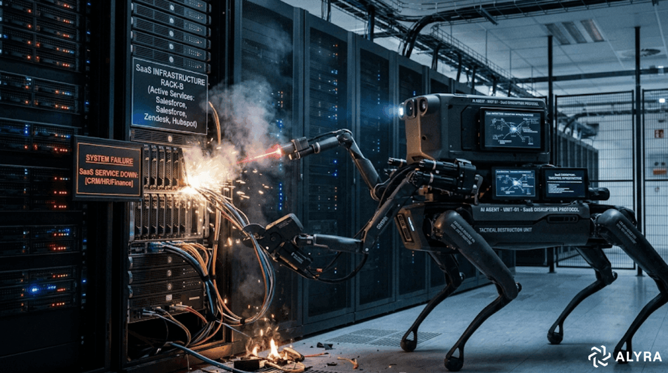 Une image photoréaliste montrant un robot quadrupède gris, de type militaire, dans l'allée d'un centre de données moderne. Le robot utilise un bras mécanique articulé équipé d'un chalumeau laser pour sectionner violemment les câbles et le matériel d'une baie de serveurs. L'action génère un jet d'étincelles, de la fumée blanche et des débris enflammés sur le sol. Le flanc du robot est équipé de petits écrans de contrôle et porte l'inscription "AI AGENT - UNIT-01 - SaaS DISRUPTOR PROTOCOL". Sur l'armoire informatique endommagée, des panneaux identifient la cible : "SaaS INFRASTRUCTURE" (avec des noms comme Salesforce et Zendesk) et un écran d'alerte rouge clignote avec le message "SYSTEM FAILURE : SaaS SERVICE DOWN".