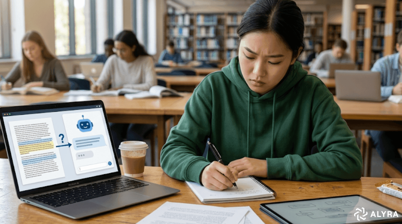 Une étudiante concentrée prend des notes manuscrites dans une bibliothèque, avec un ordinateur portable affichant une intelligence artificielle ouvert à côté d'elle, illustrant un apprentissage actif assisté par l'IA.